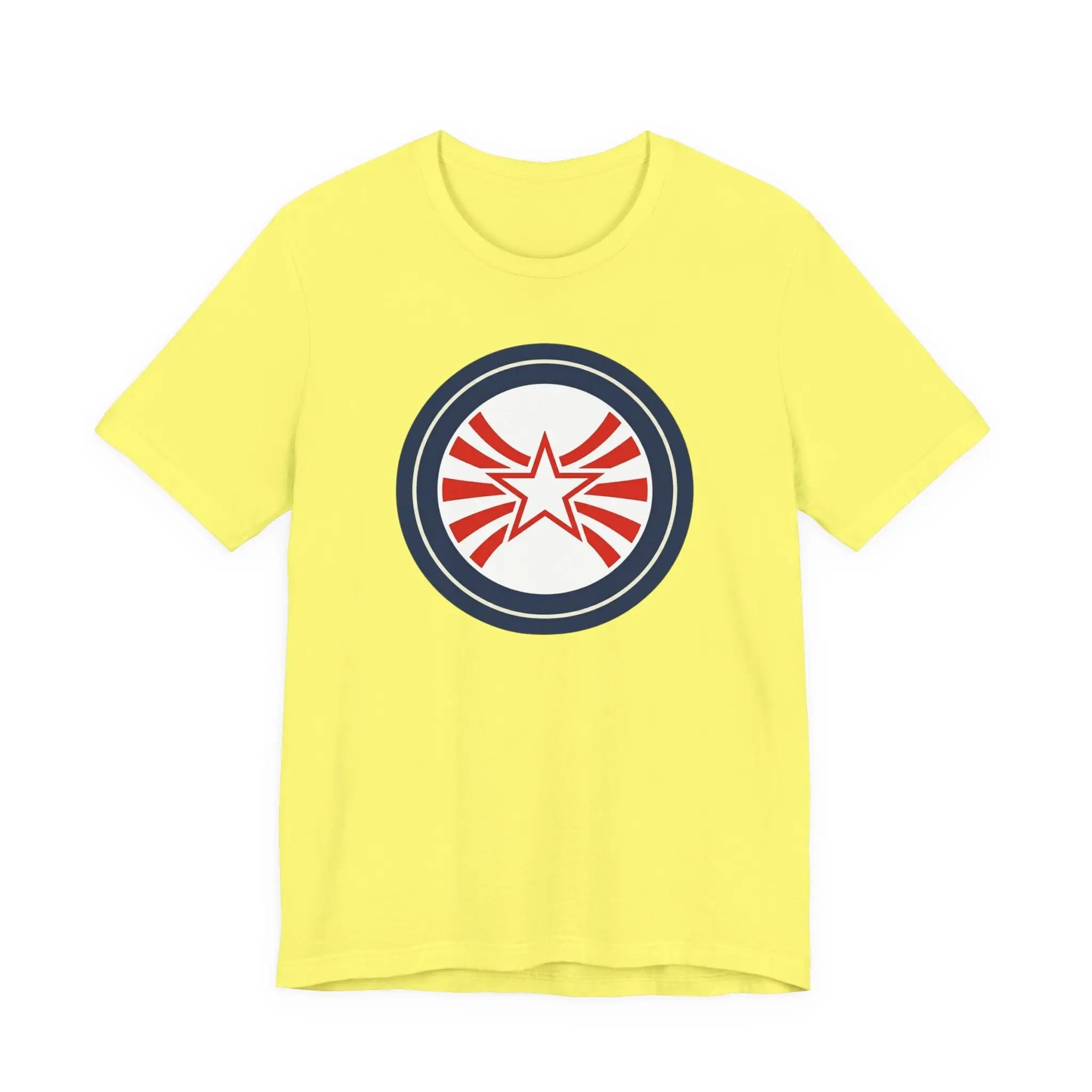 Patriotic Starburst Tee — Red, White & Blue Round Emblem T-Shirt Printify