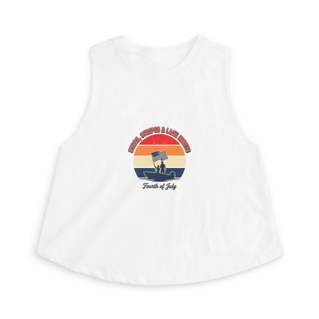 Retro Fourth of July crop top featuring vintage sunset graphic on a white tank.
