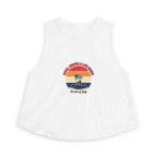 Retro Fourth of July crop top featuring vintage sunset graphic on a white tank.