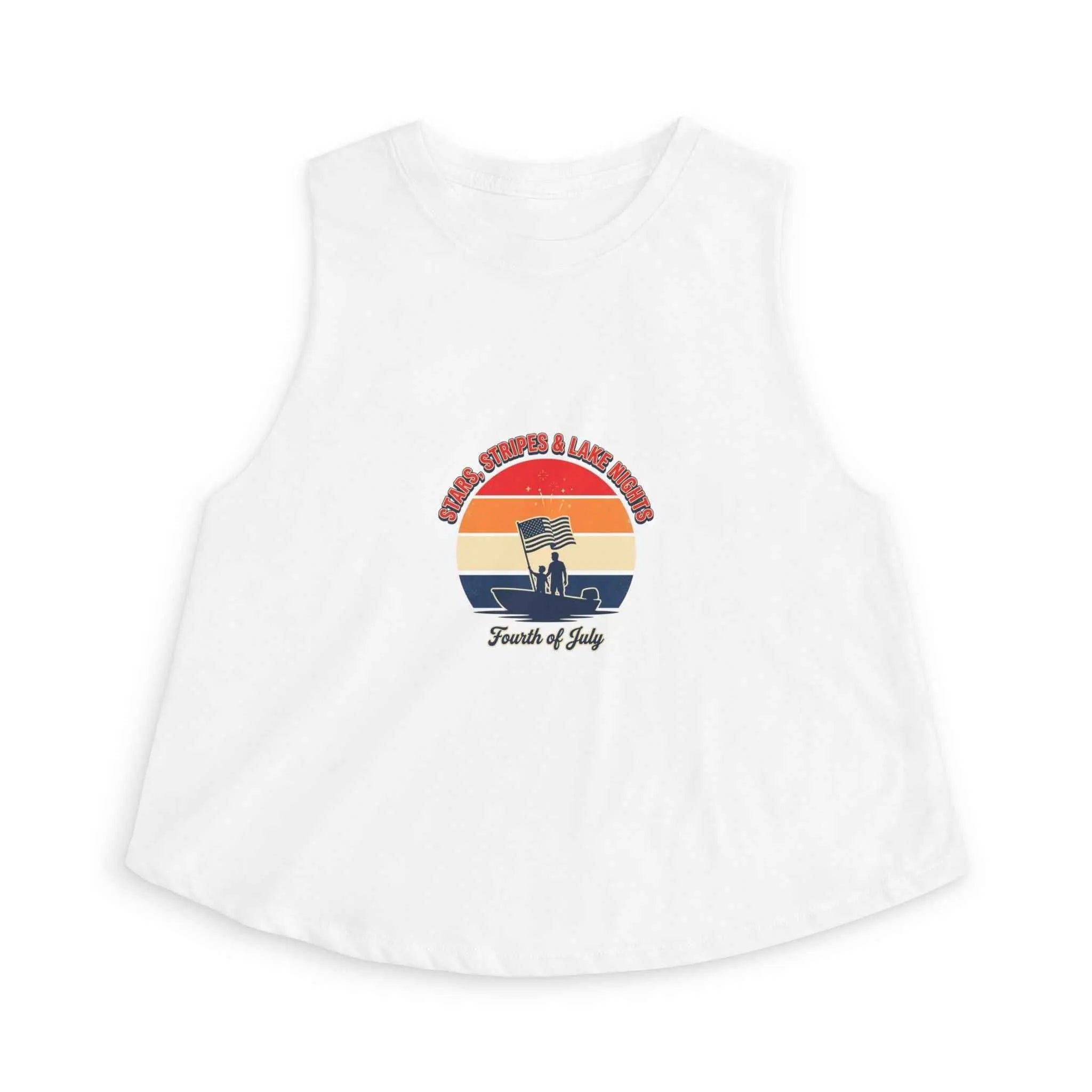 Retro Fourth of July crop top featuring vintage sunset graphic on a white tank.