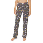 Kids cat emoji lounge pants in gray with playful cat prints, perfect for lounging and school days.