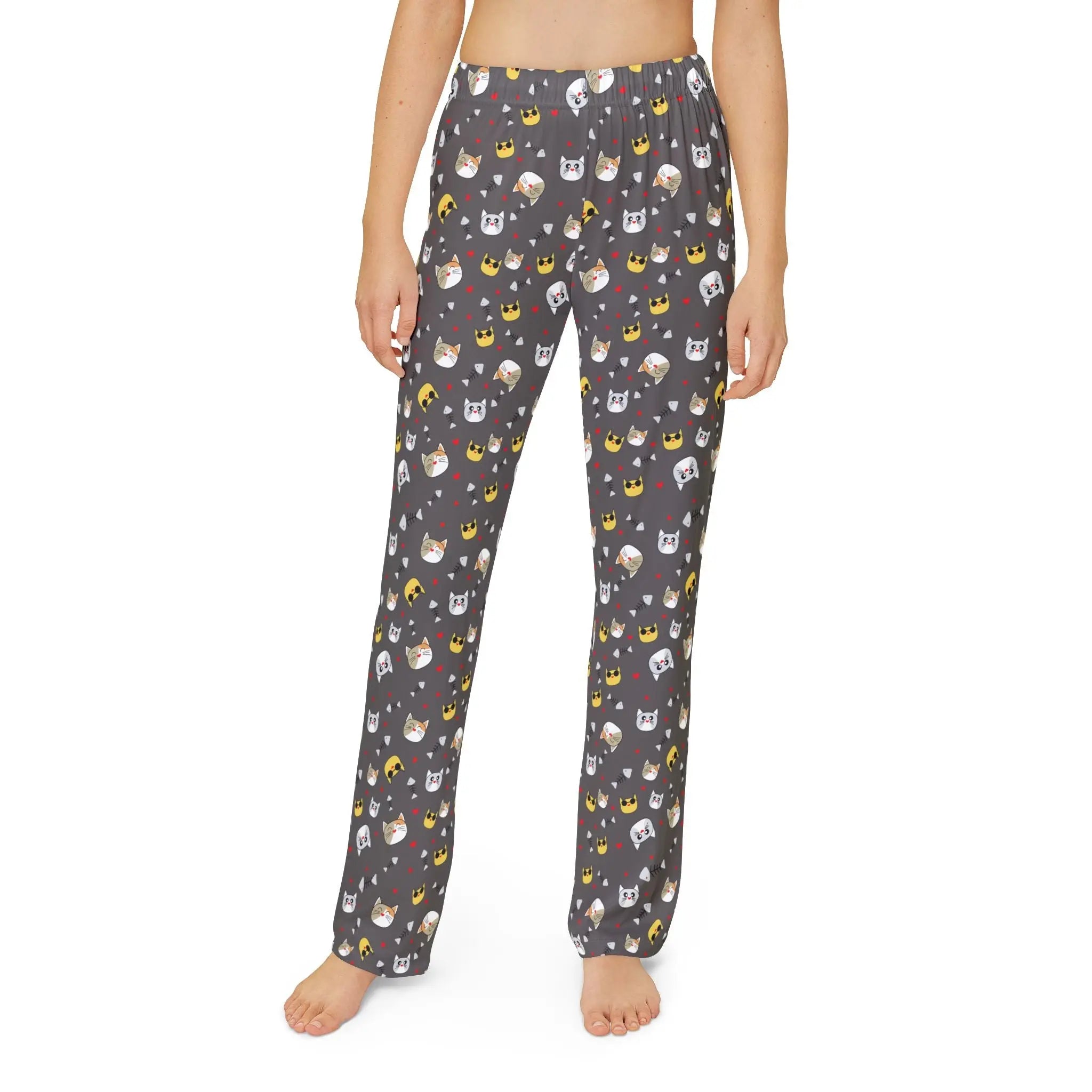 Kids cat emoji lounge pants in gray with playful cat prints, perfect for lounging and school days.