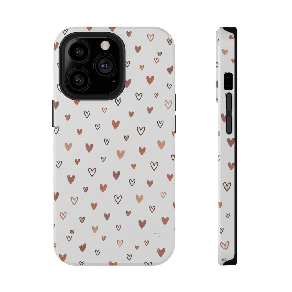 Heart Doodle Impact-Resistant Phone Case featuring tiny hearts design in blush and brown, showcasing heart doodle phone case.