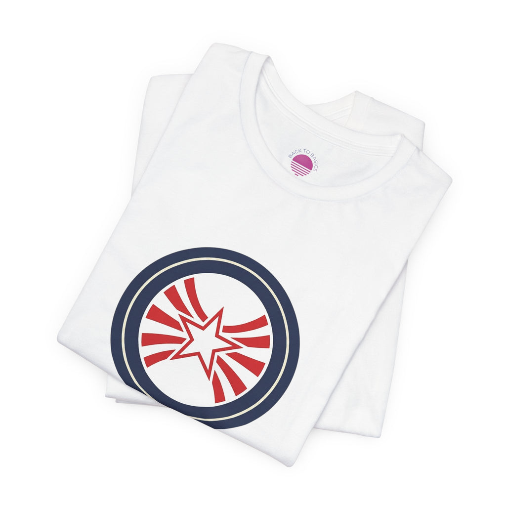 Patriotic Starburst Tee — Red, White & Blue Round Emblem T-Shirt