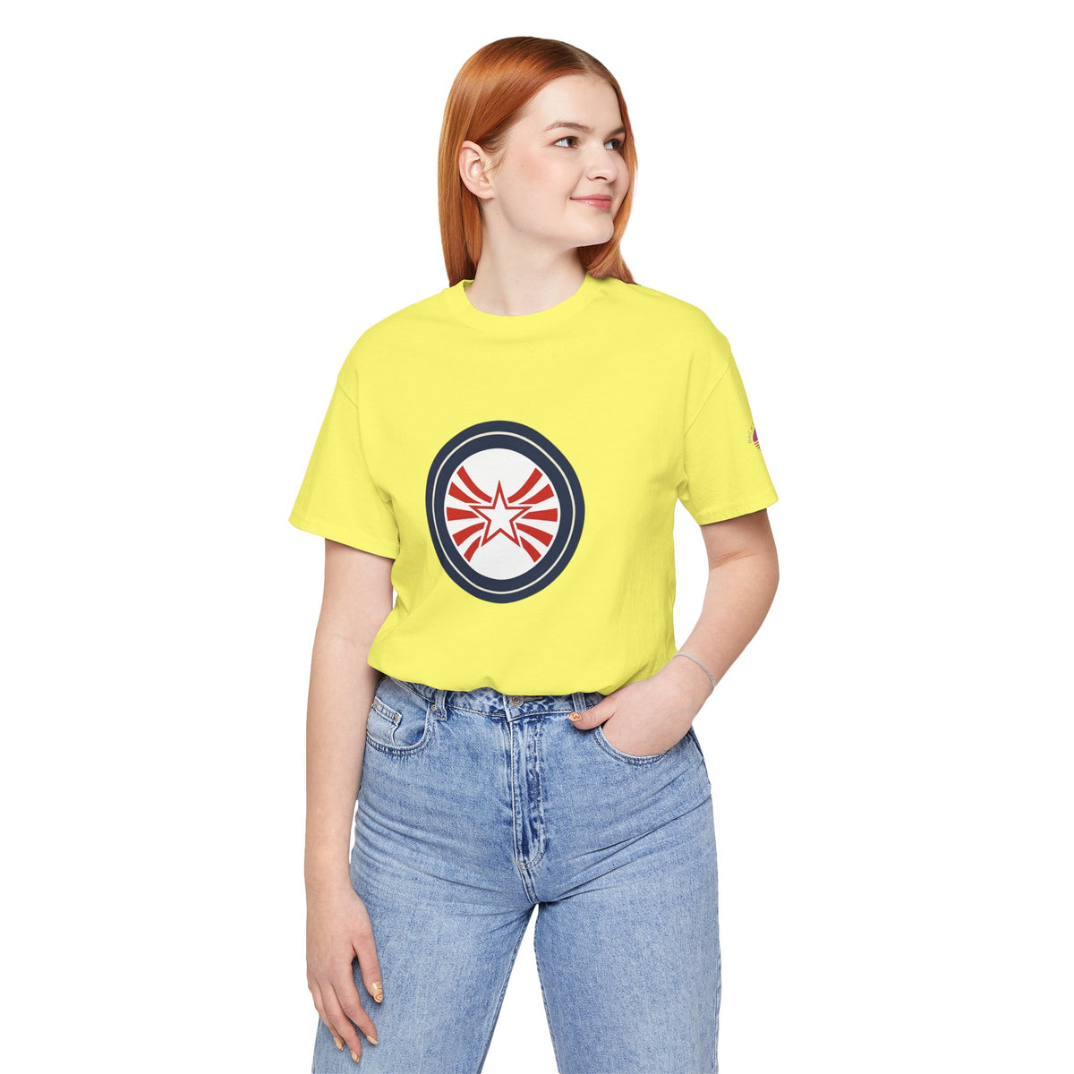 Patriotic Starburst Tee — Red, White & Blue Round Emblem T-Shirt