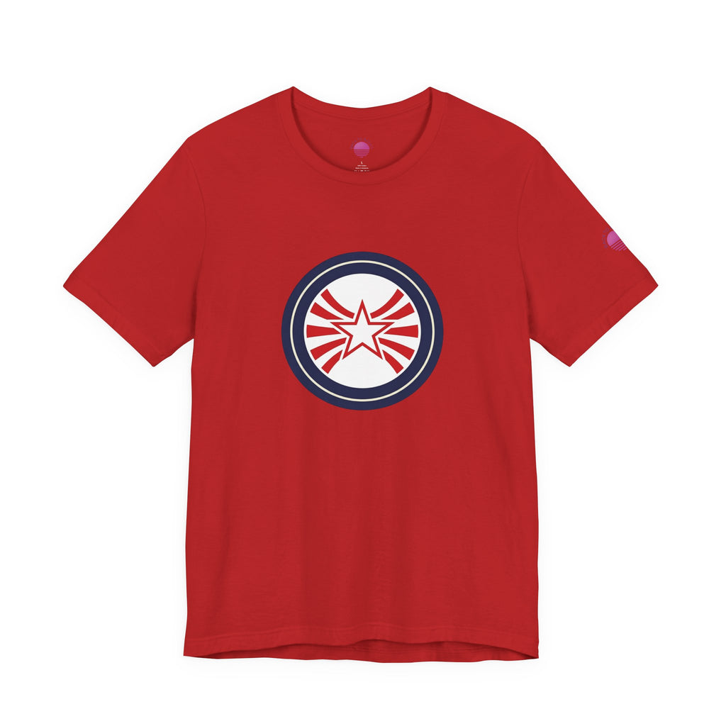 Patriotic Starburst Tee — Red, White & Blue Round Emblem T-Shirt