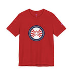 Patriotic Starburst Tee — Red, White & Blue Round Emblem T-Shirt