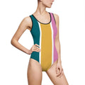 Retro Colorblock One-Piece Swimsuit — Teal Mustard Pink Stripe