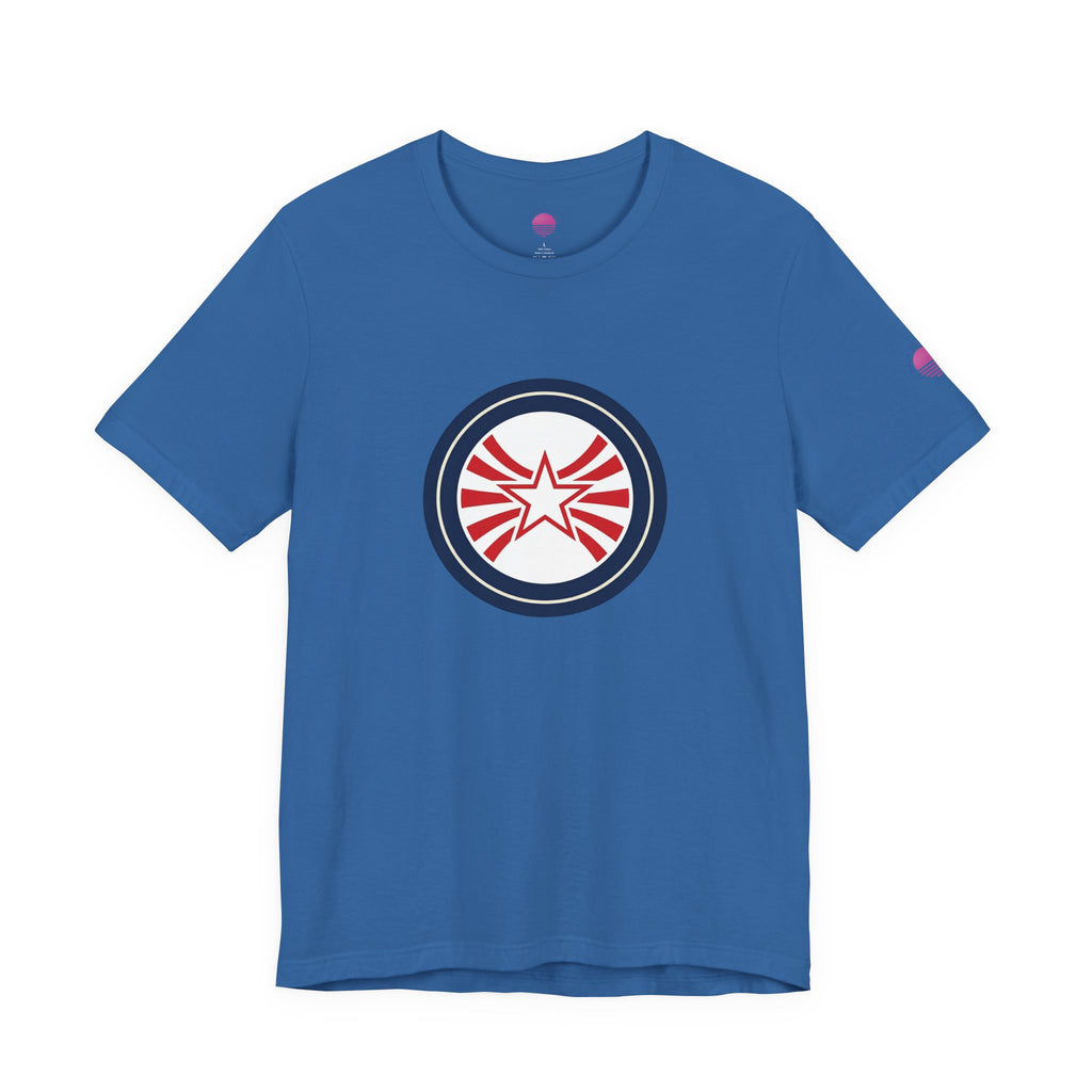 Patriotic Starburst Tee — Red, White & Blue Round Emblem T-Shirt