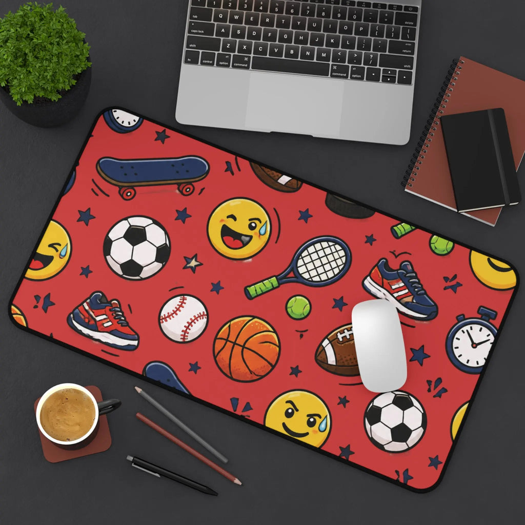 Back to School Sports Emojis Desk Mat — Athletic Pattern Mouse Pad for Kids & Teens Printify