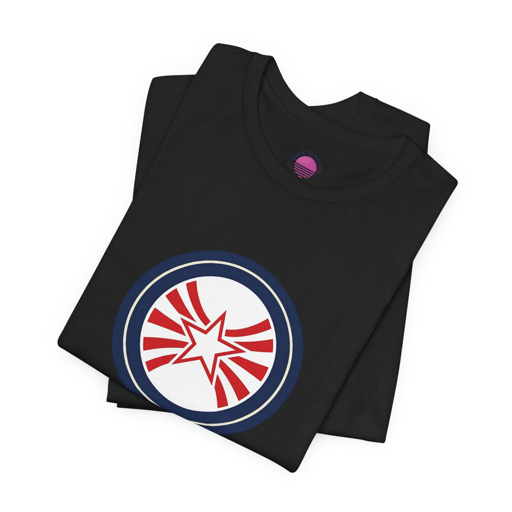 Patriotic Starburst Tee — Red, White & Blue Round Emblem T-Shirt