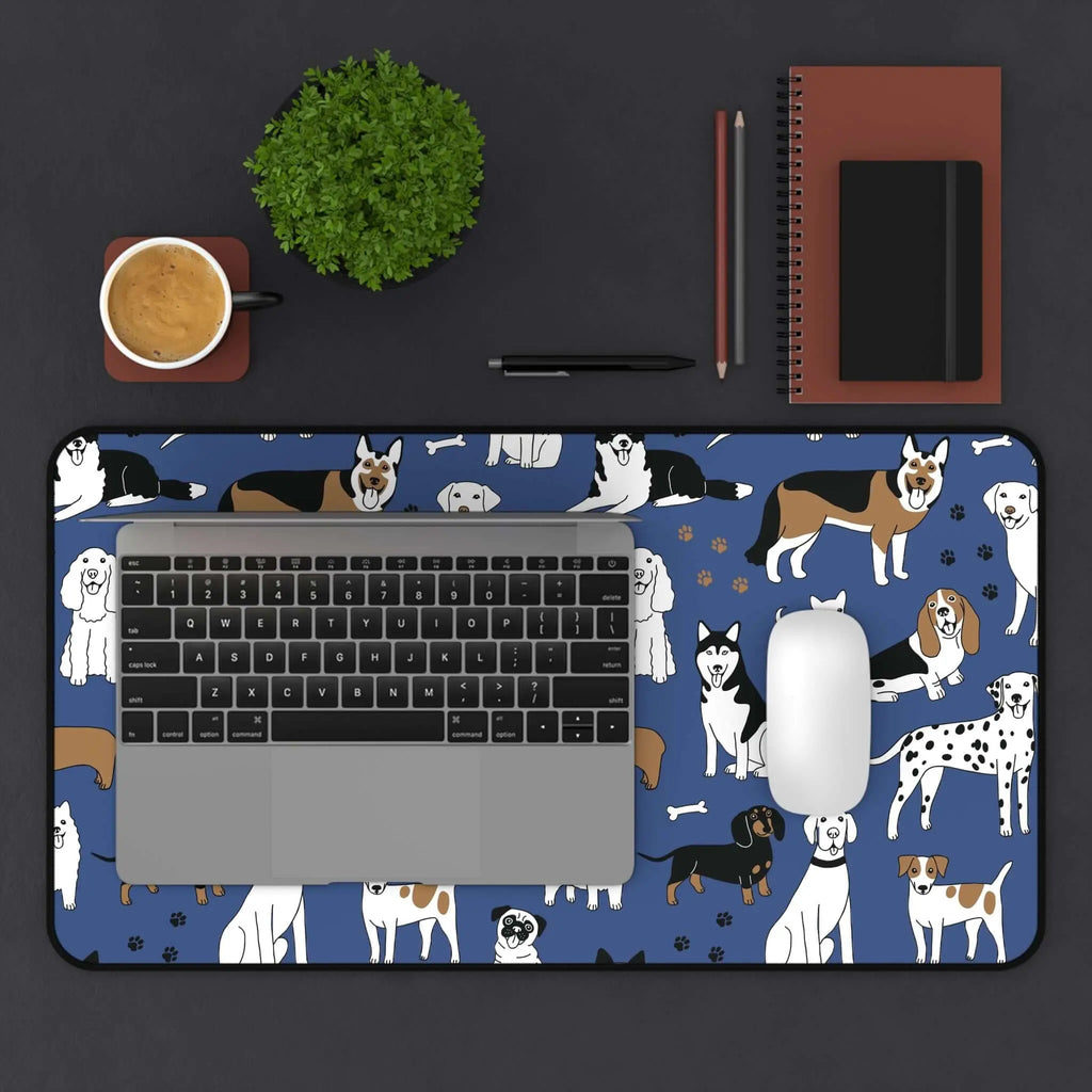 Dog Pattern Desk Mat — Blue Cute Puppy Desk Pad for Pet Lovers Printify