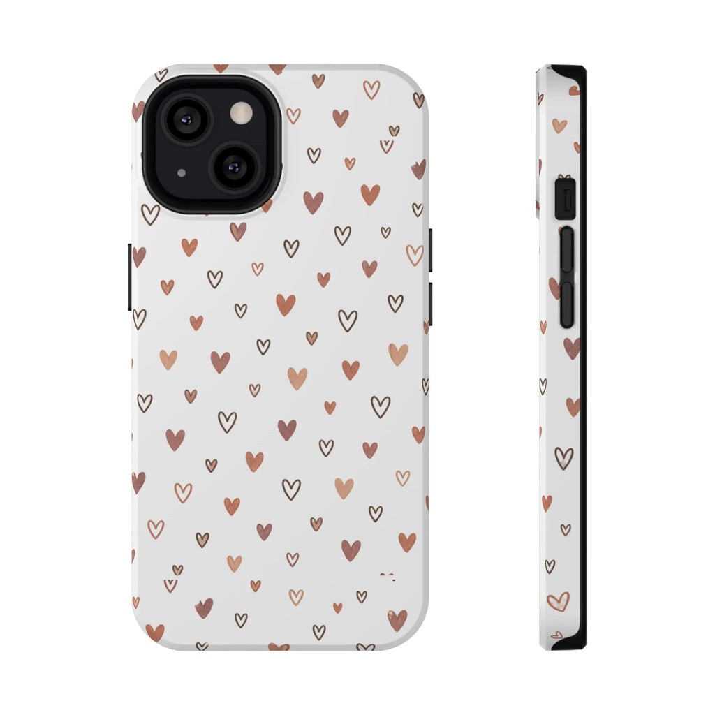 Heart Doodle Impact-Resistant Phone Case featuring tiny hearts in warm blush and brown tones for protective style.