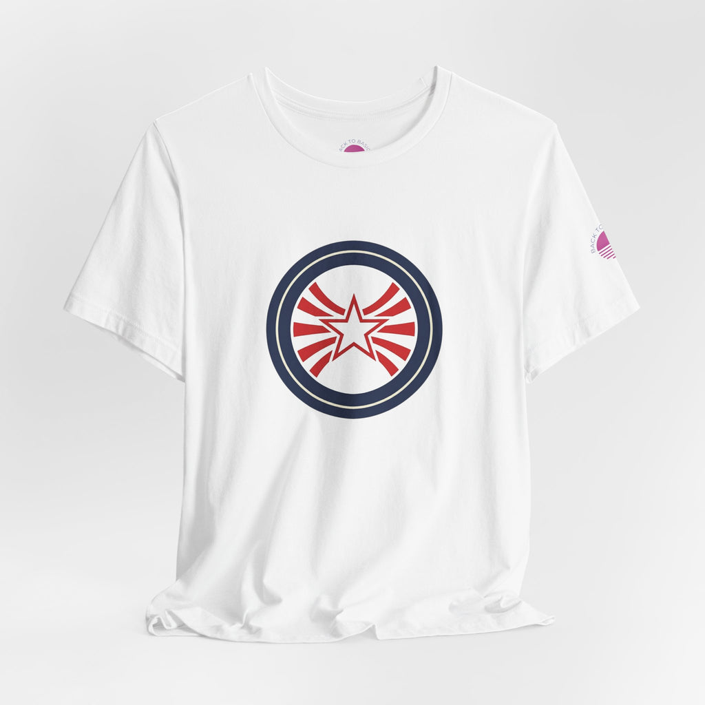 Patriotic Starburst Tee — Red, White & Blue Round Emblem T-Shirt