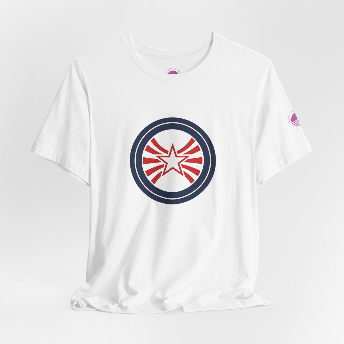 Patriotic Starburst Tee — Red, White & Blue Round Emblem T-Shirt