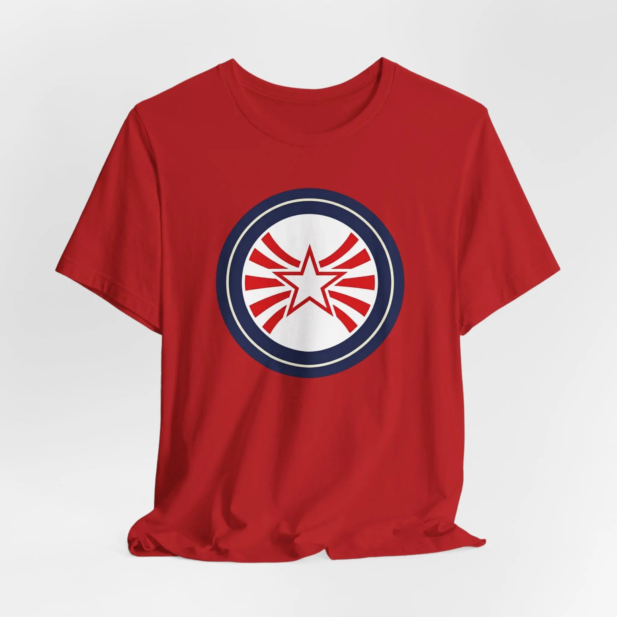 Patriotic Starburst Tee — Red, White & Blue Round Emblem T-Shirt Printify