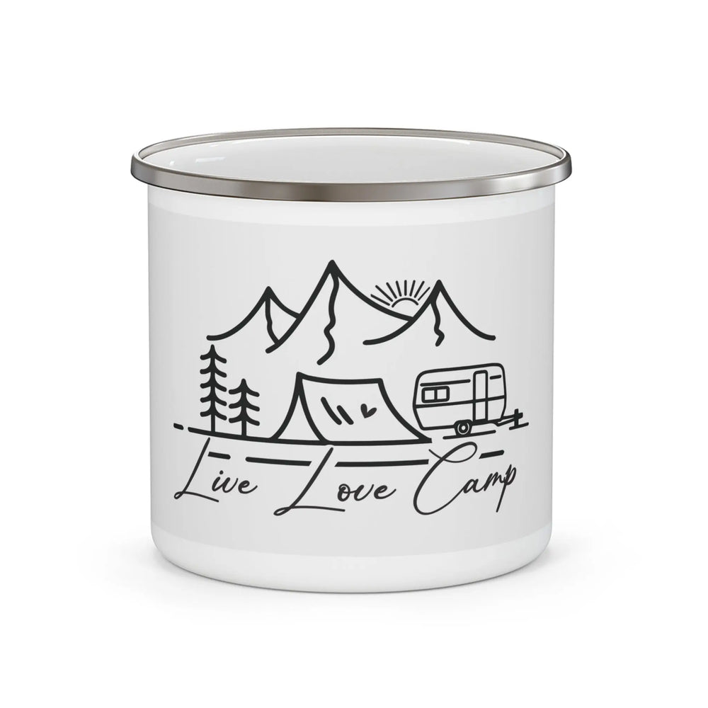 Live Love Camp Enamel Mug — Camping Camper Tent Mountain Coffee Cup Printify