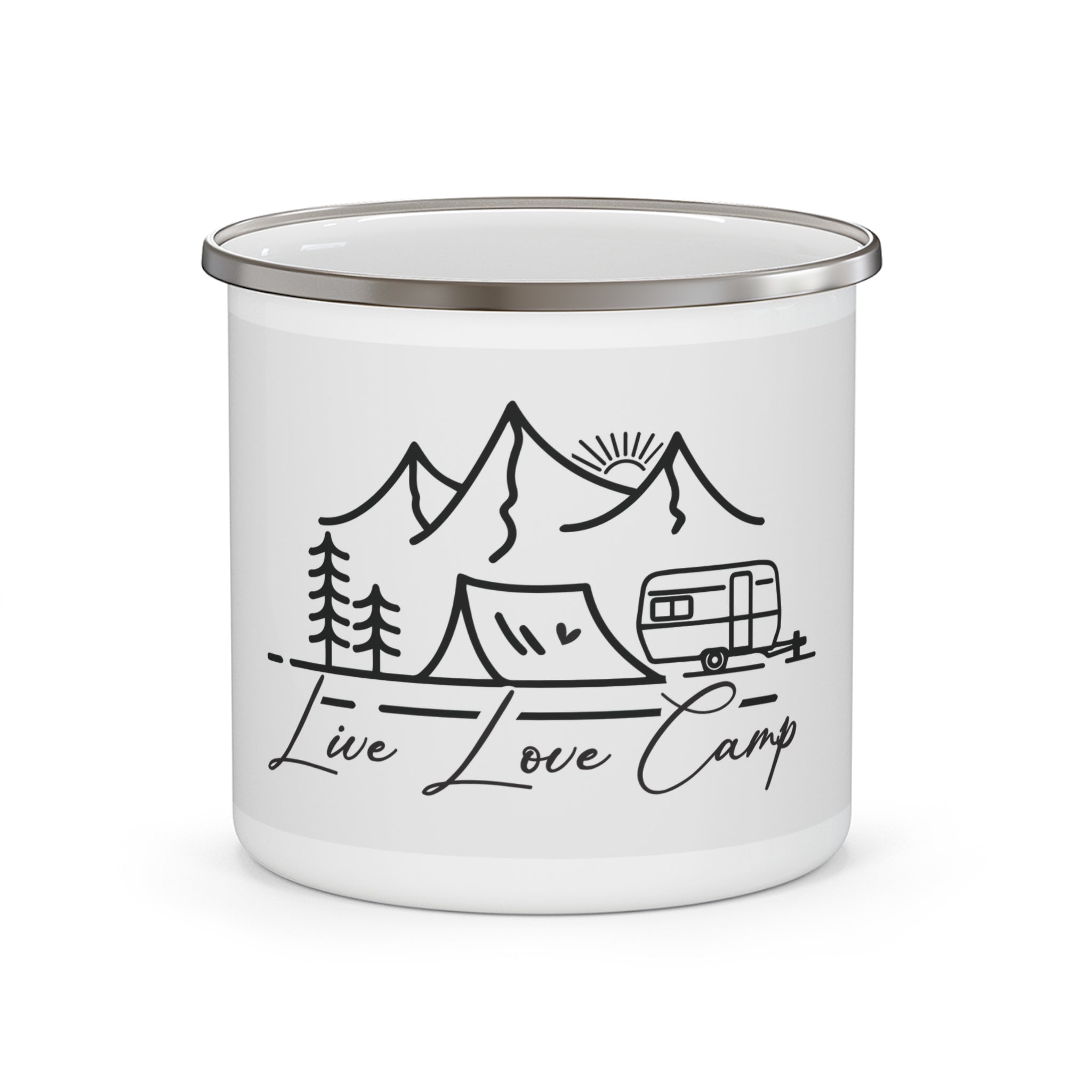 Live Love Camp Enamel Mug — Camping Camper Tent Mountain Coffee Cup Printify
