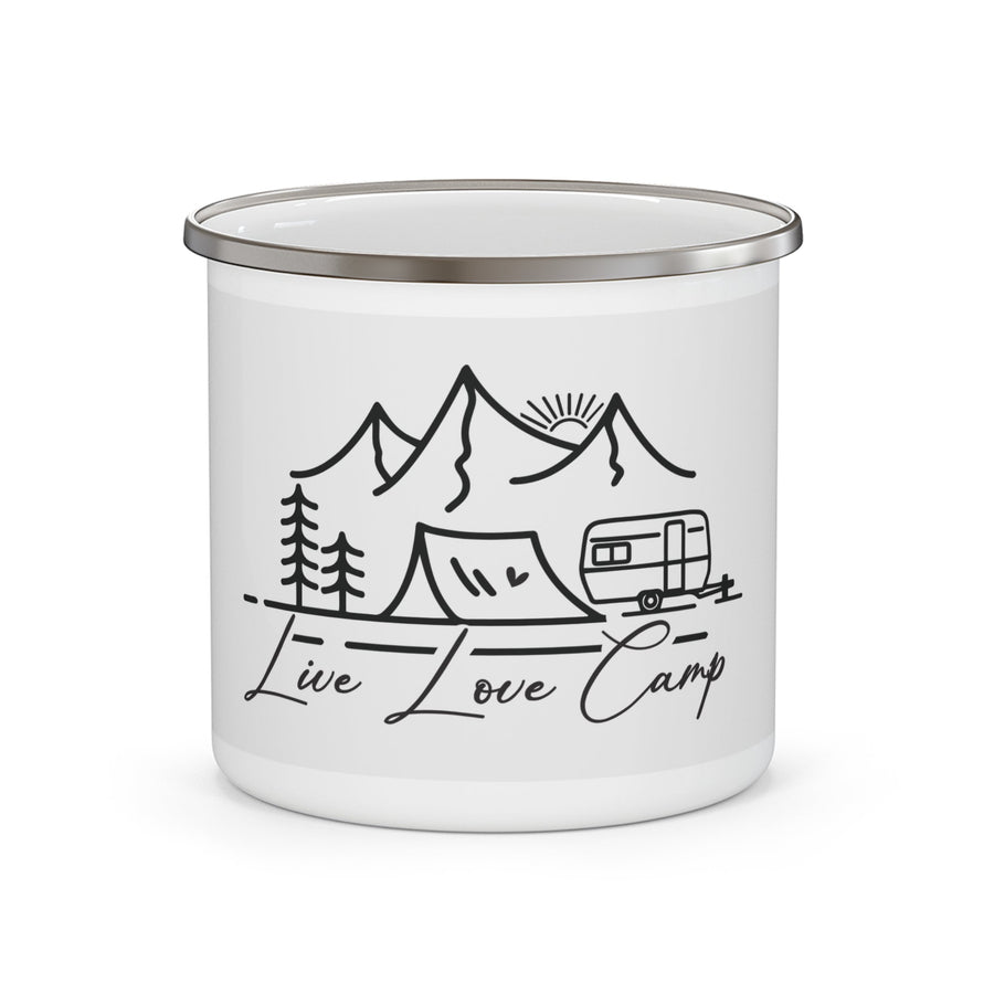 Live Love Camp Enamel Mug — Camping Camper Tent Mountain Coffee Cup Printify