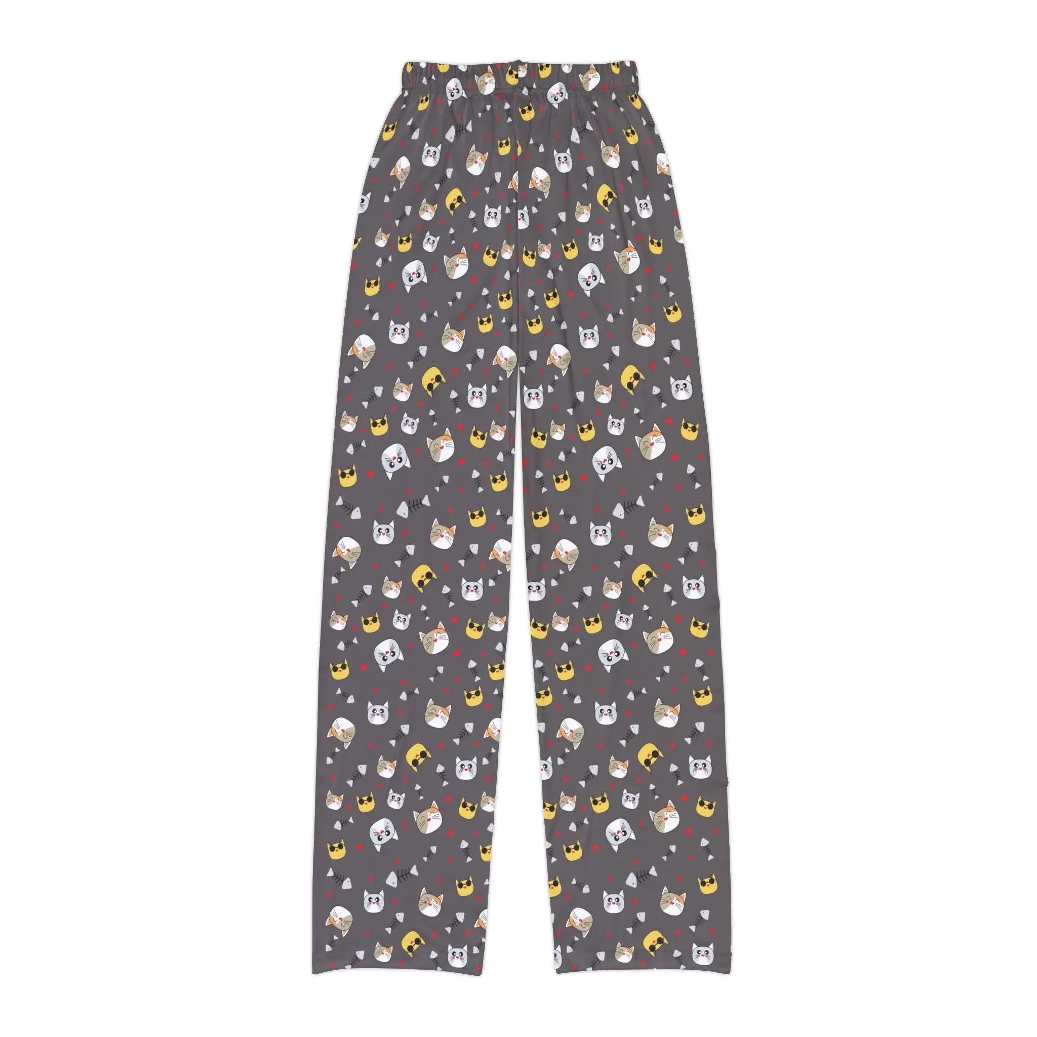 Kids cat emoji lounge pants with playful cat print and elastic waistband for comfort.