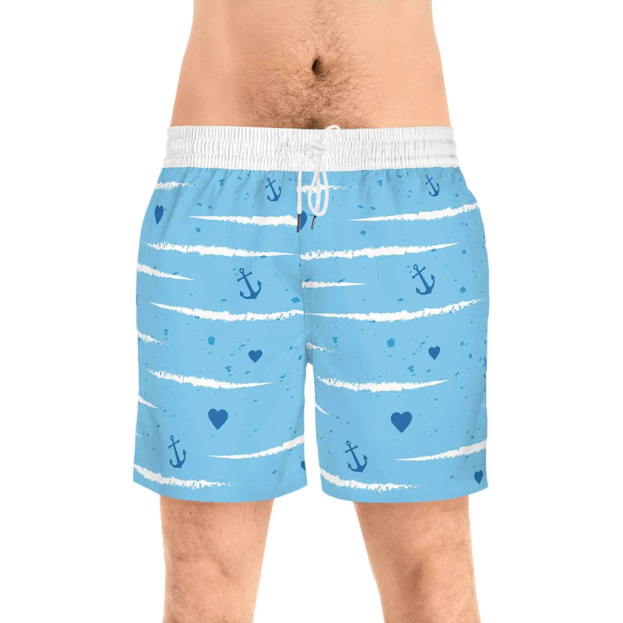 Nautical Anchor Blue Swim Shorts — Men's Mid-Length Swim Trunks