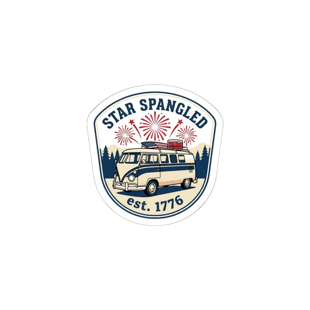 Custom kiss-cut stickers featuring a vintage van with fireworks for a retro vibe.
