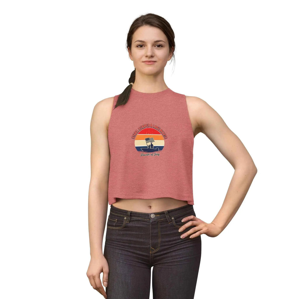 Retro Fourth of July crop top on a model, showcasing vintage sunset graphic and relaxed fit.