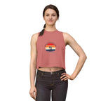 Retro Fourth of July crop top on a model, showcasing vintage sunset graphic and relaxed fit.
