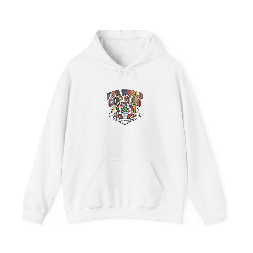 World Cup Patch Hoodie featuring retro crest, perfect for soccer watch party hoodie and stylish match-day outfit.