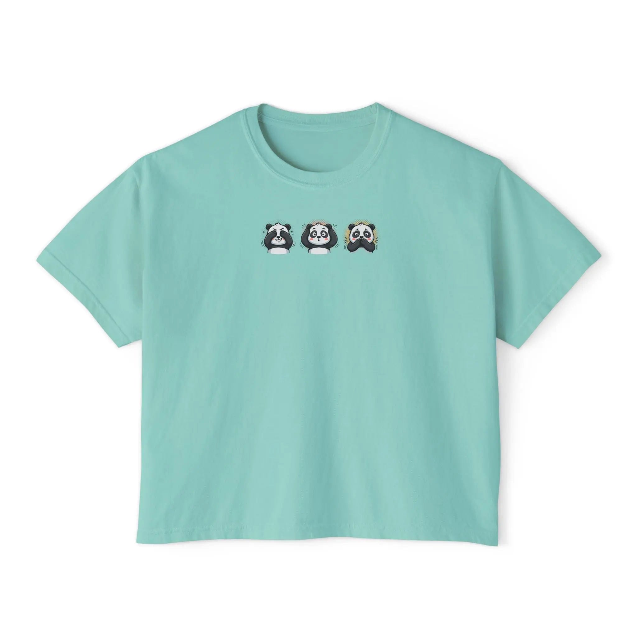 Cute panda graphic t-shirt in teal with trio of panda designs on the chest.