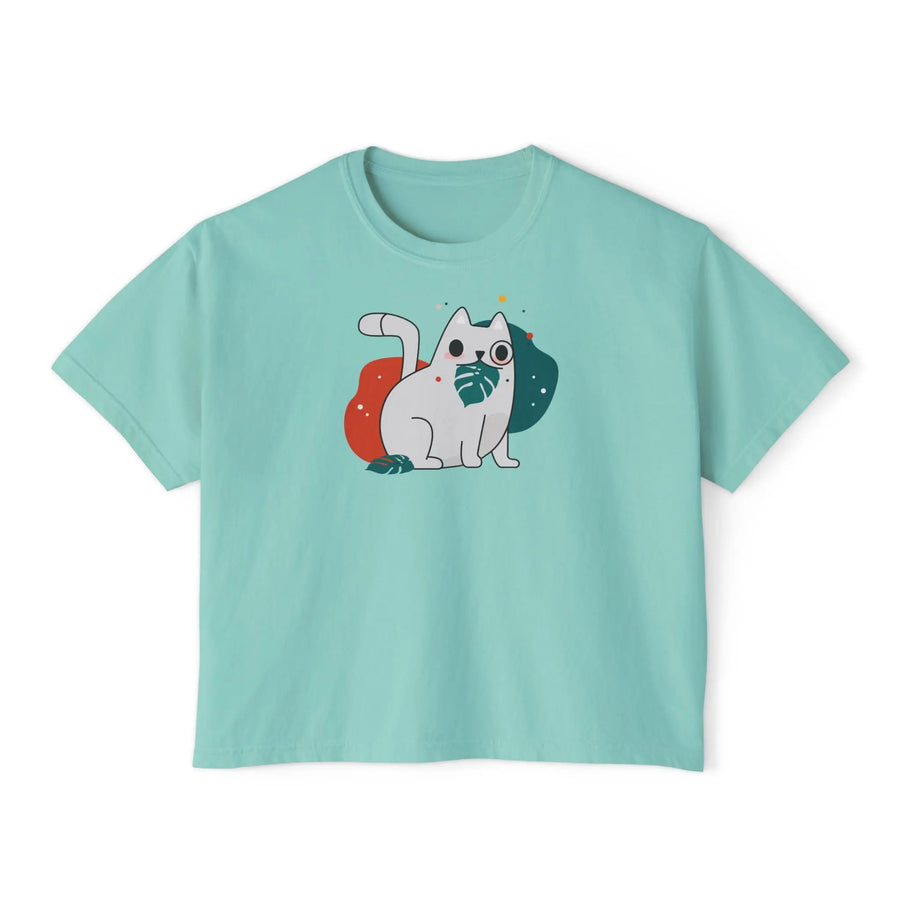 Cute Cosmic Cat Boxy Tee — Women's Graphic T-Shirt Printify
