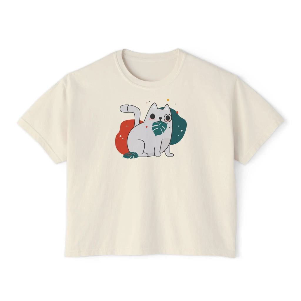 Cute Cosmic Cat Boxy Tee — Women's Graphic T-Shirt Printify