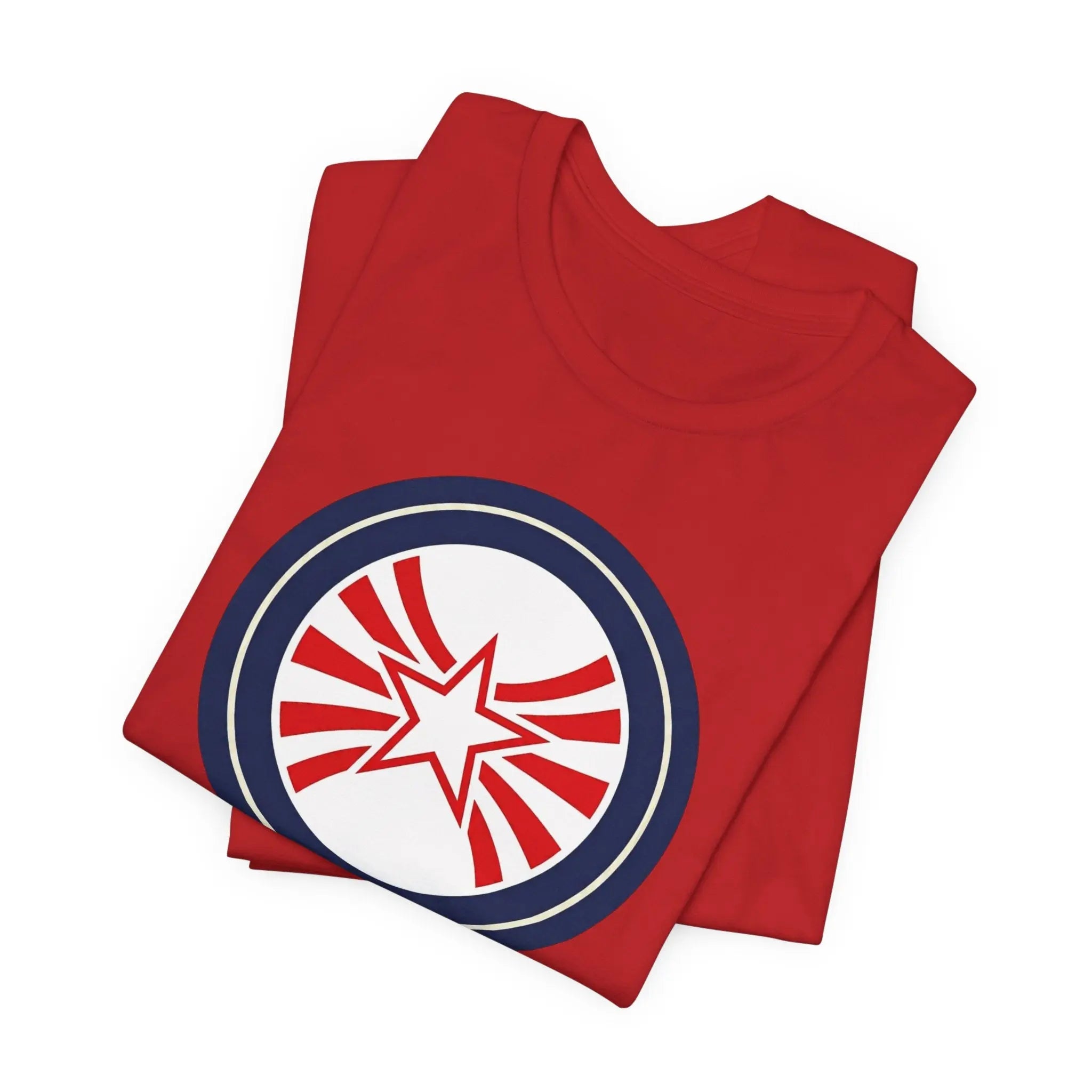 Patriotic Starburst Tee — Red, White & Blue Round Emblem T-Shirt Printify