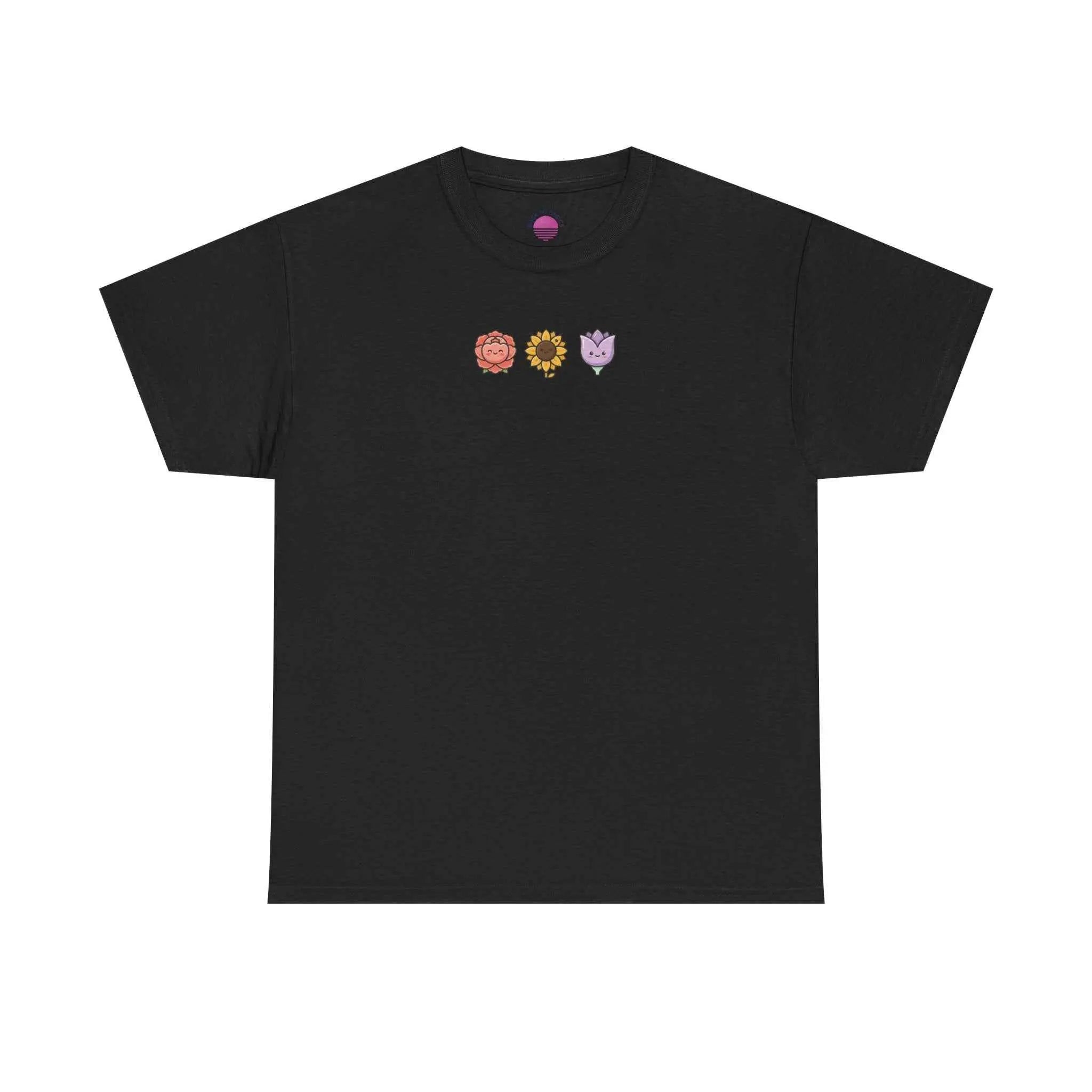 Flower Trio Tee featuring cute mini floral lion, sunflower & heart plants in a floral graphic t-shirt design.
