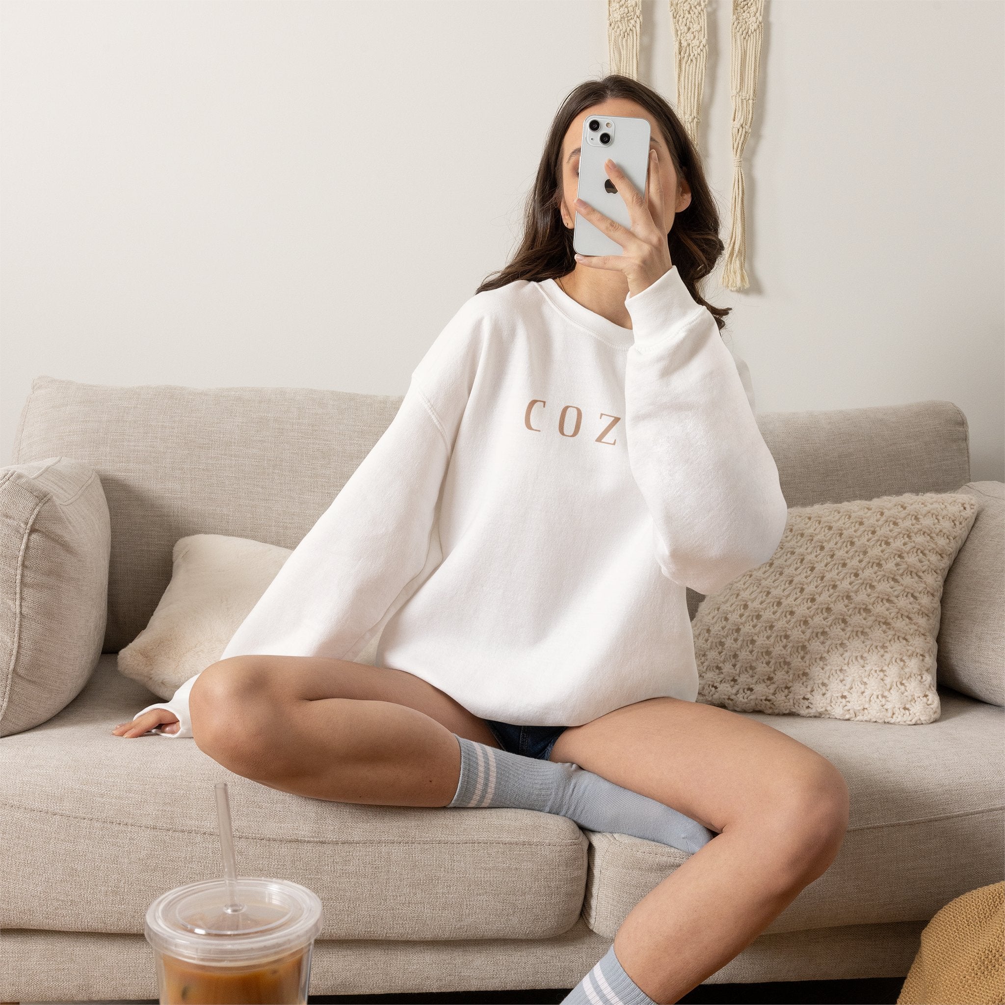 Cozy Crewneck Sweatshirt — Minimal 'COZY.' Soft White Pullover
