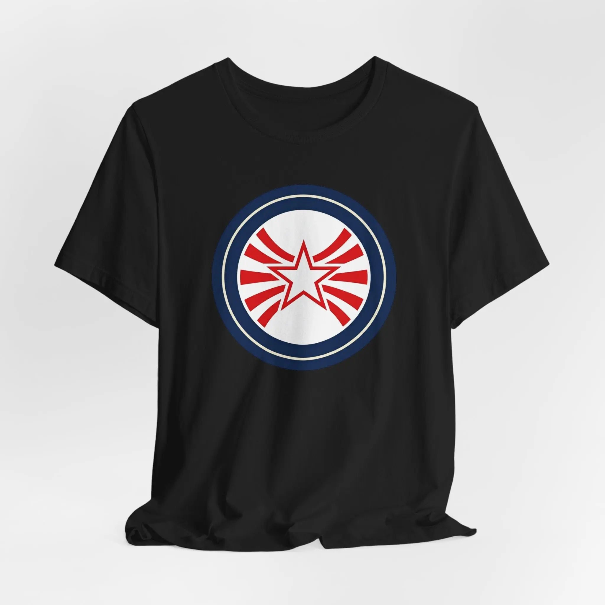 Patriotic Starburst Tee — Red, White & Blue Round Emblem T-Shirt Printify