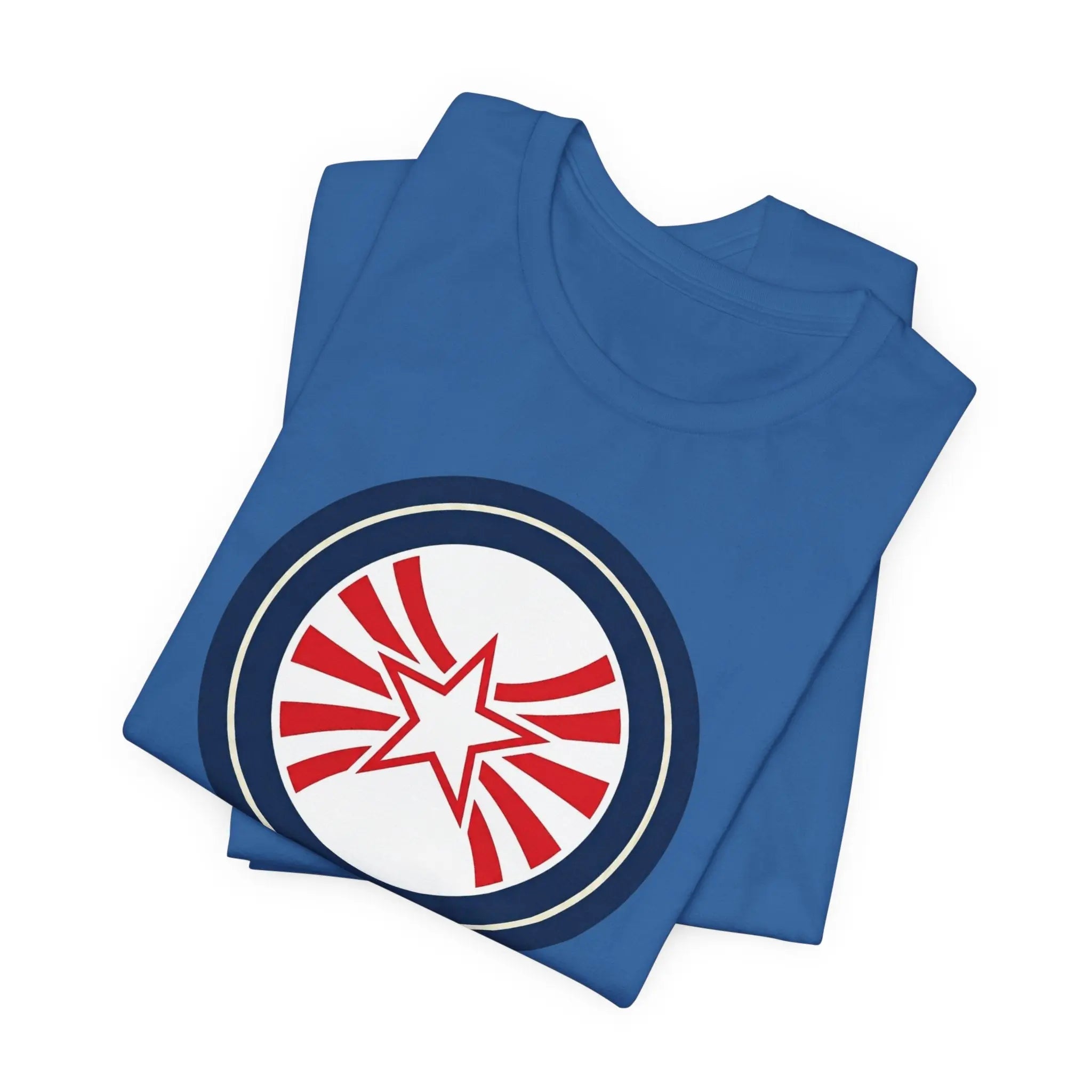 Patriotic Starburst Tee — Red, White & Blue Round Emblem T-Shirt Printify