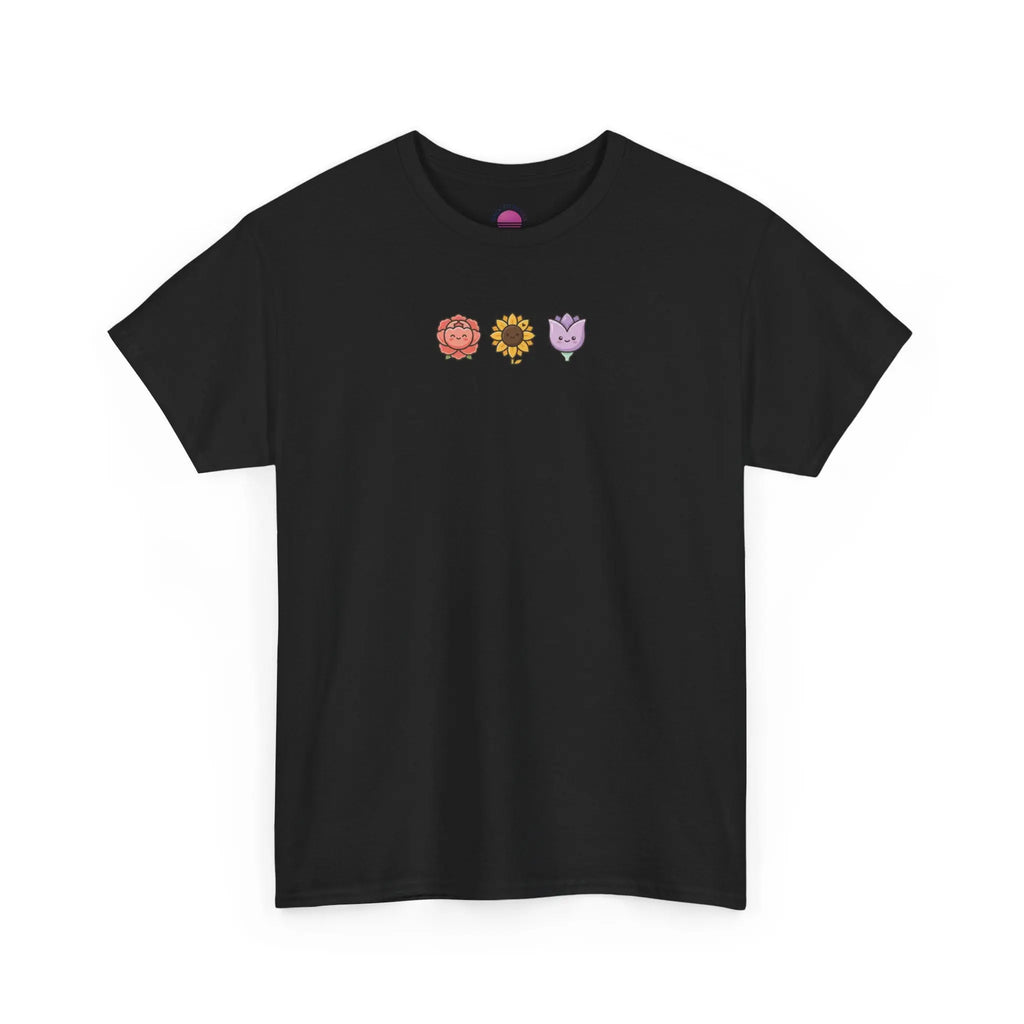 Flower Trio Tee — Cute Mini Floral Lion, Sunflower & Heart Plant Graphic T-Shirt Printify