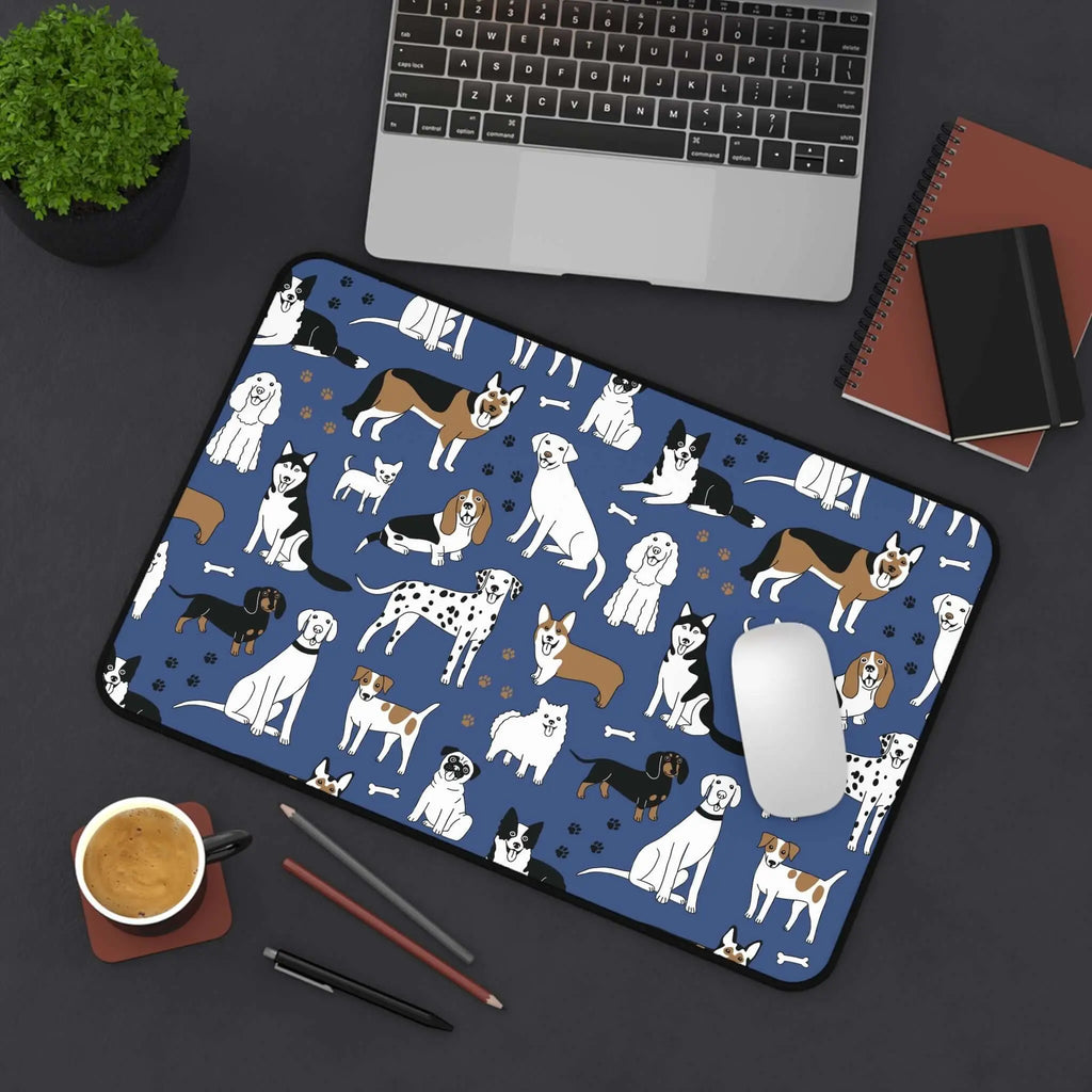 Dog Pattern Desk Mat — Blue Cute Puppy Desk Pad for Pet Lovers Printify