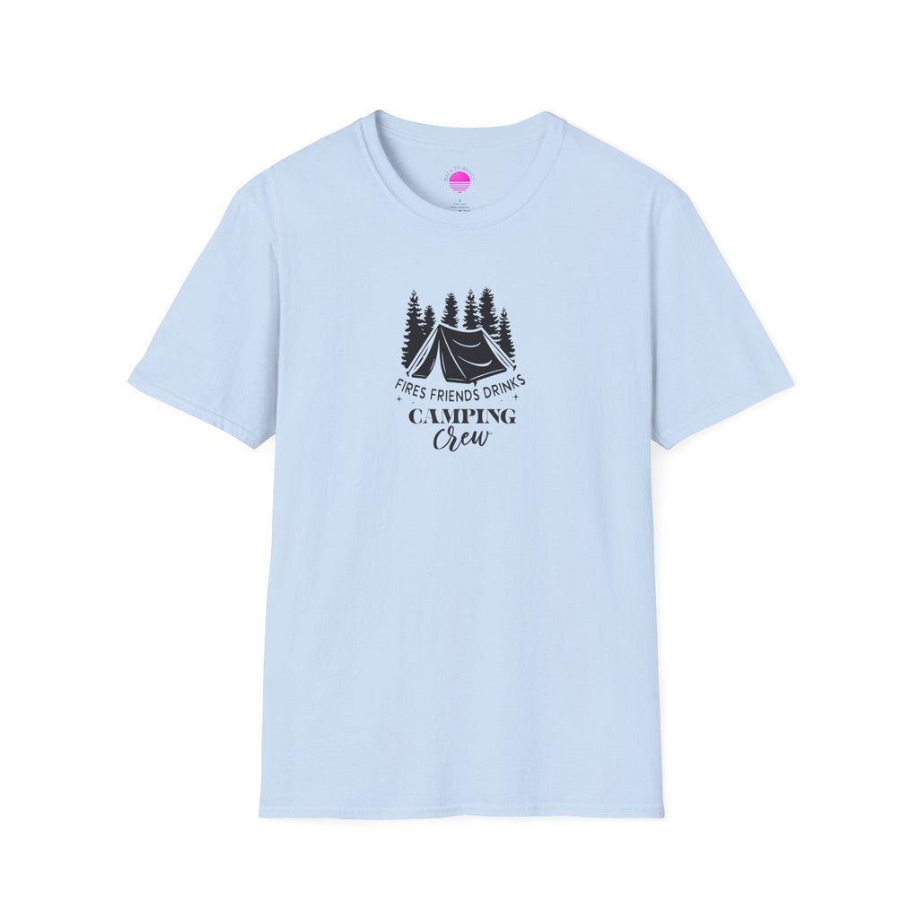 Camping Crew T‑Shirt — "Fires Friends Drinks" Tent Graphic Printify