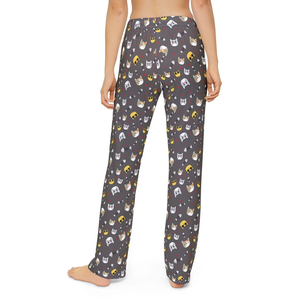 Back view of kids cat emoji lounge pants featuring playful cat patterns on a gray background.