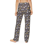 Back view of kids cat emoji lounge pants featuring playful cat patterns on a gray background.