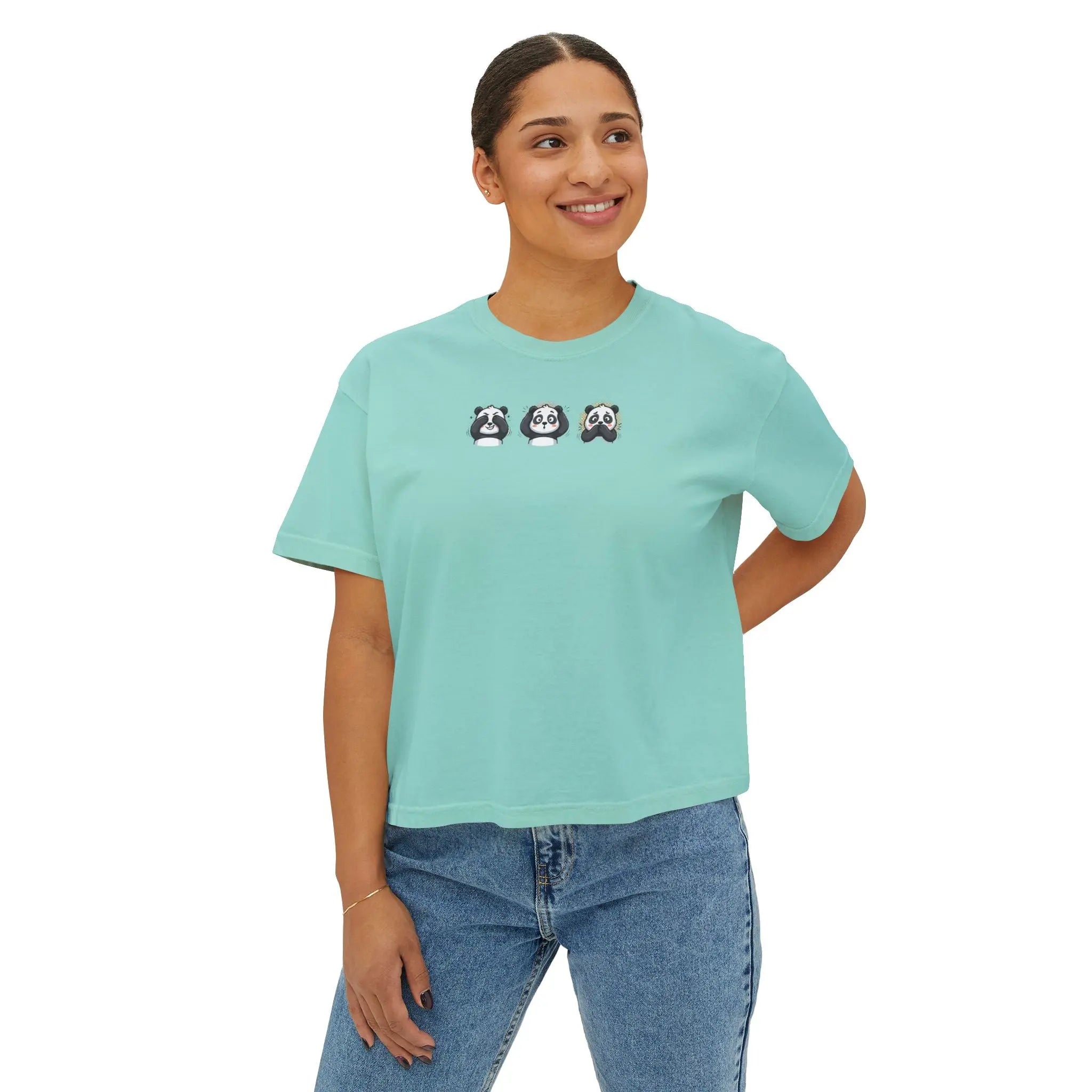 Panda Trio Boxy Tee — Women's Cute Panda Graphic T-Shirt Printify
