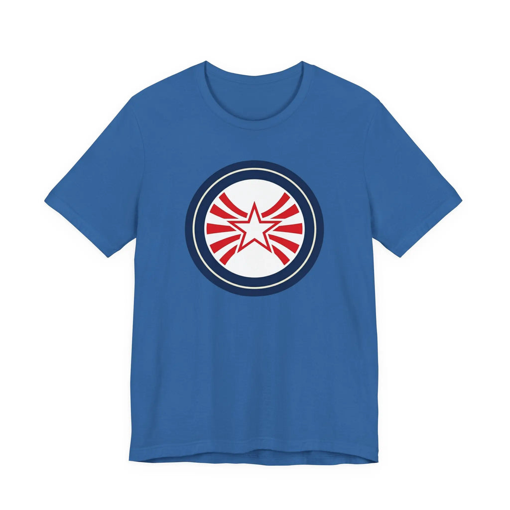 Patriotic Starburst Tee — Red, White & Blue Round Emblem T-Shirt Printify