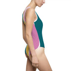 Retro Colorblock One-Piece Swimsuit — Teal Mustard Pink Stripe Printify