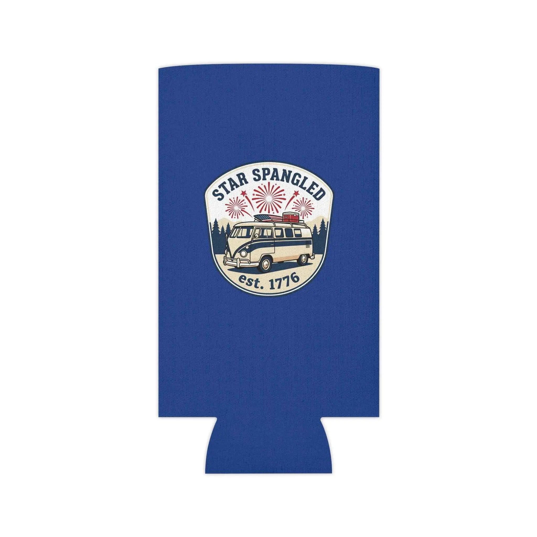 Star Spangled Van Can koozie featuring patriotic design, perfect for a patriotic beer cooler.