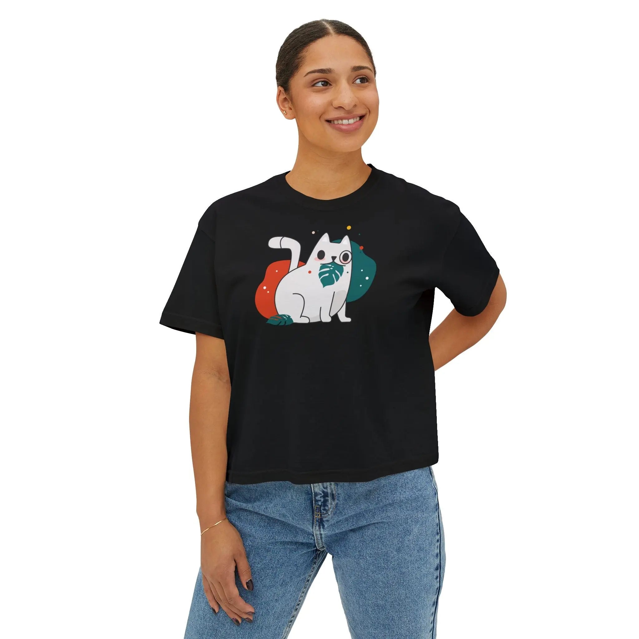 Cute Cosmic Cat Boxy Tee — Women's Graphic T-Shirt Printify