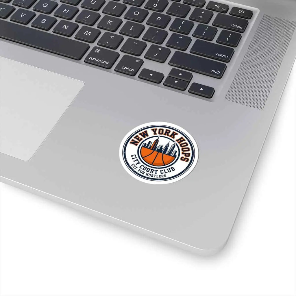 New York basketball sticker on a laptop featuring retro block letters and a basketball crest design.