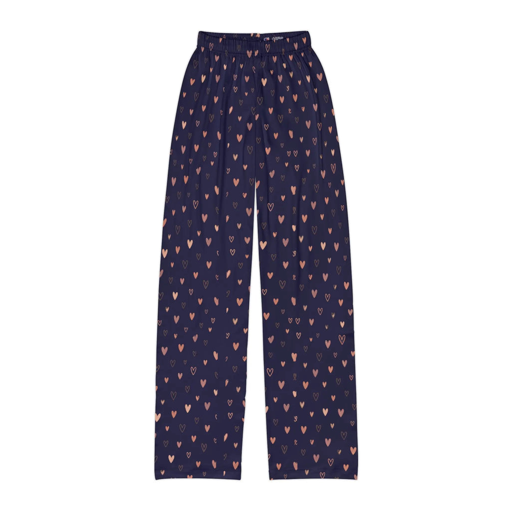 navy heart print kids lounge pants featuring a scattered heart motif on a cozy fabric surface.
