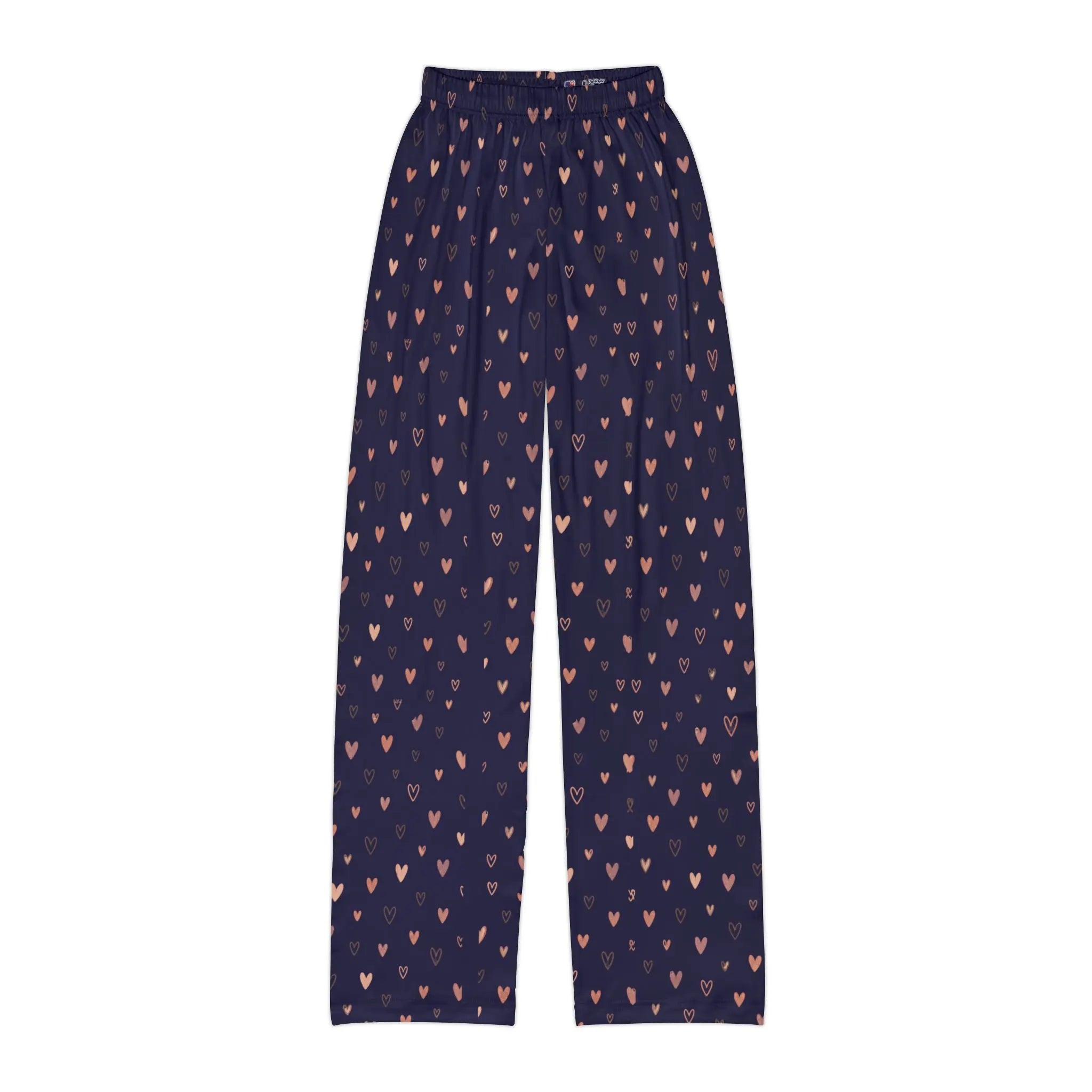 navy heart print kids lounge pants featuring a scattered heart motif on a cozy fabric surface.
